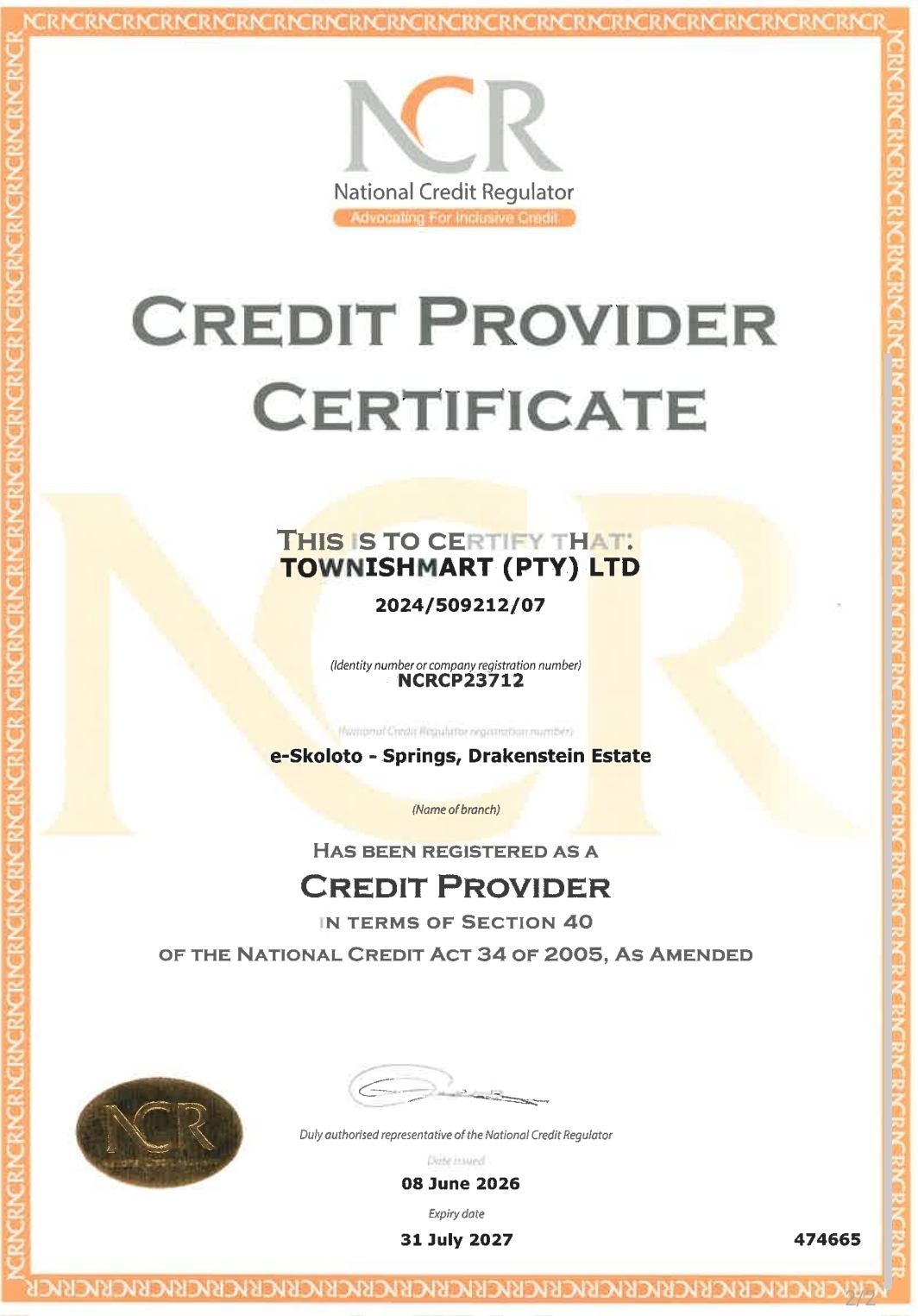 NCR Lending License NCRCP23712
